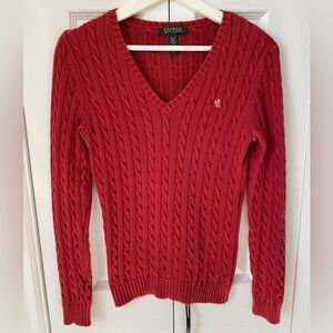 Ralph Lauren Cable Knit Red V-Neck Pullover Sweater 100% cotton Size XS